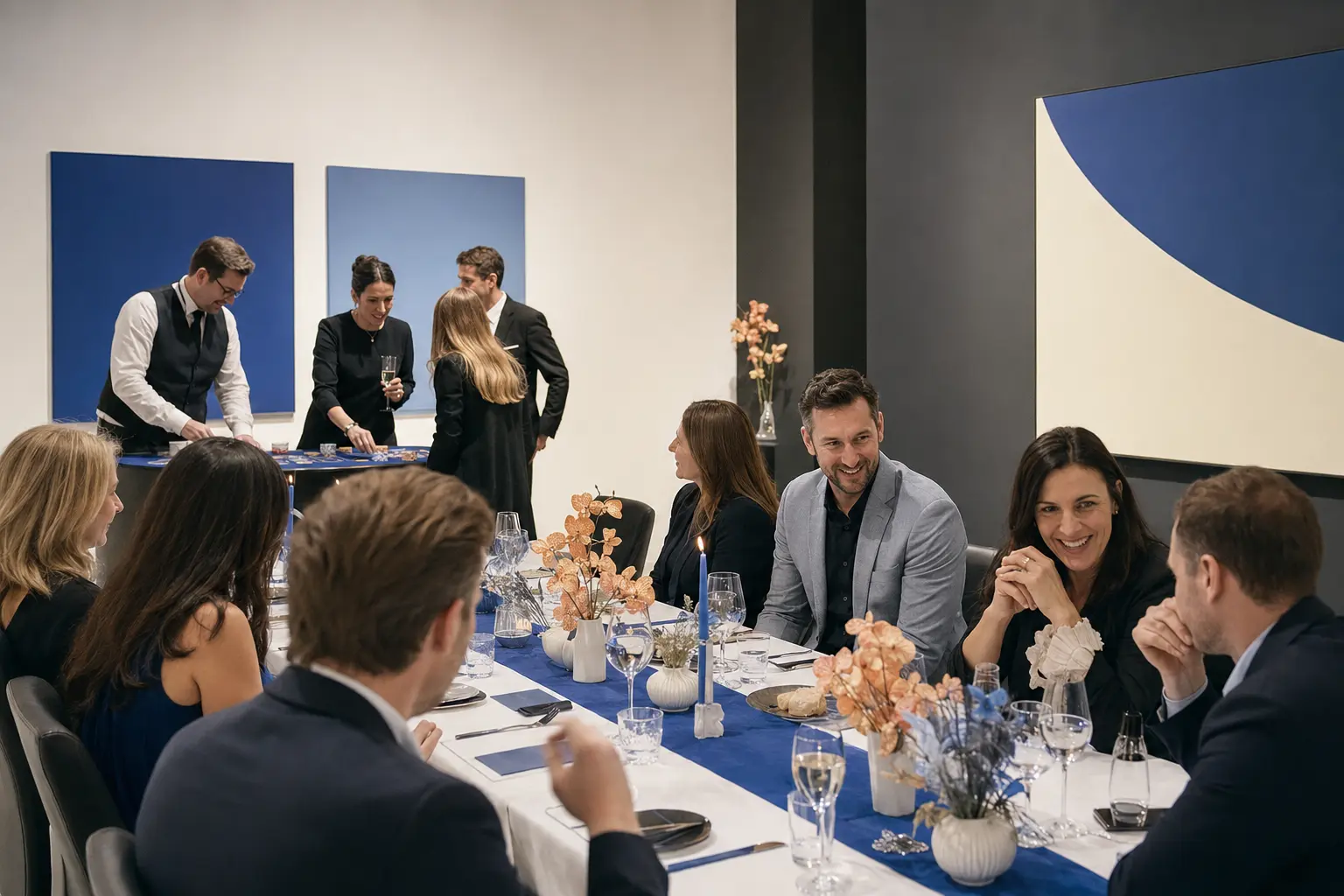 Világos galériatérben tartott privát vacsora felnőtt vendégekkel